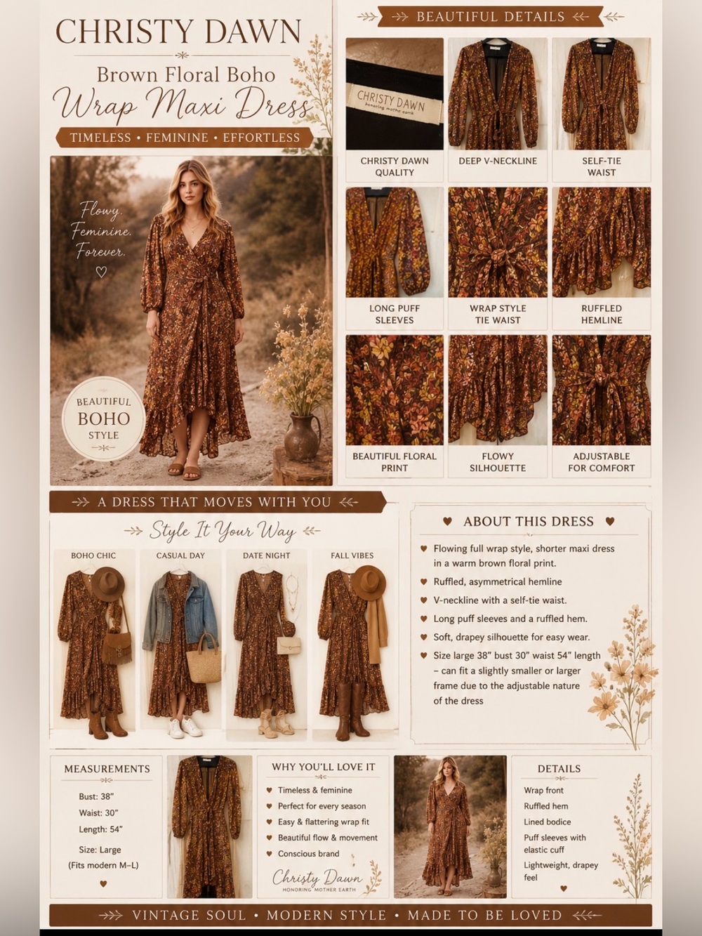 Christy Dawn -Brown Floral Boho Wrap Maxi Dress with Tie Waist